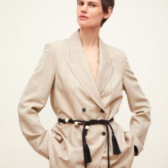 ZARA Woman’s CAMEL STRIPED Tassel BELTED Longline BLAZER Jacket Size XS - Picture 5 of 9